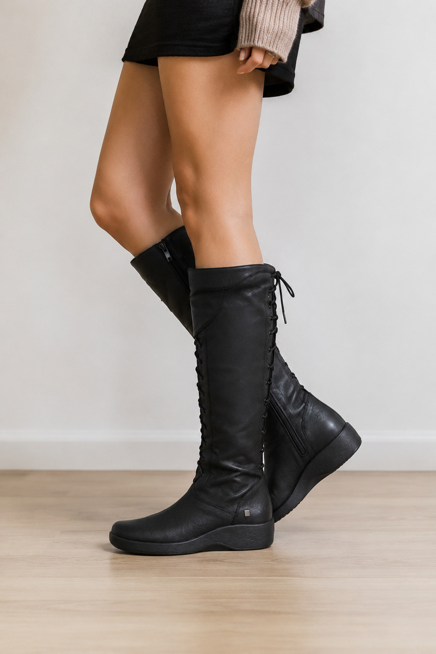 Arcopedico Lace-Up Boots Women's 41 Black Lightweight Tall Comfort Zipper Flat